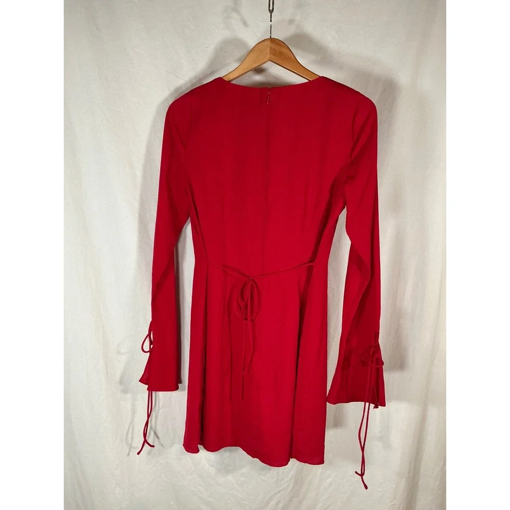 Wild Fable Red Ruffle V-Neck Long Sleeve Mini Dress with Tie Cuffs Size M NWT
